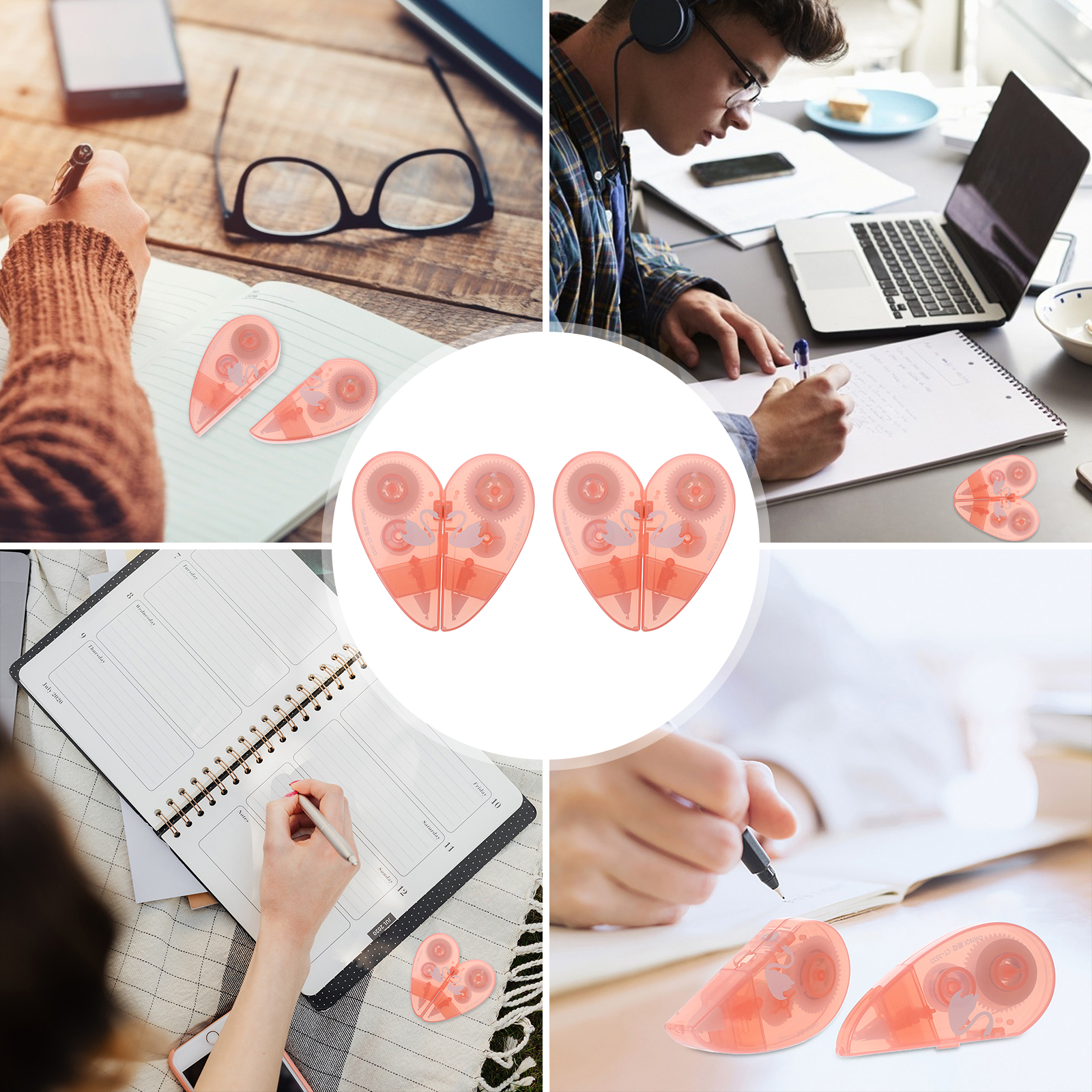 2 Pcs Heart-shaped Correction Belt Cute Sticky Design Tape Typo Tool Stationery Supplies Correcting School Scrapbook