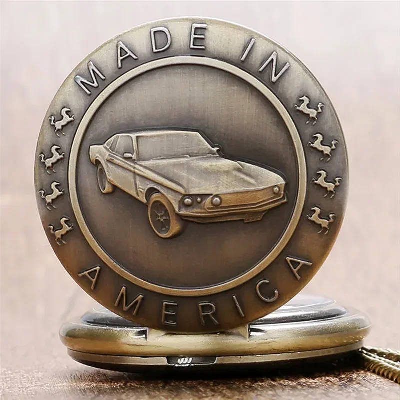 Retro Bronze Car Pattern Full Hunter Necklace Chain Quartz Pocket Watch for Men Women Pendant Fob Watches Vintage Gifts Reloj
