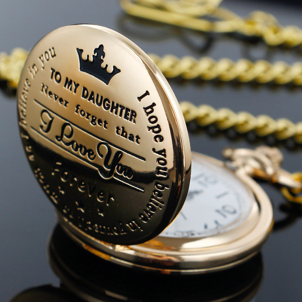 Quartz Pocket Watch To My Daughter Women Kids Necklace Laser Engraved Pendant Fob Chain Christmas Birthday Clock Gift