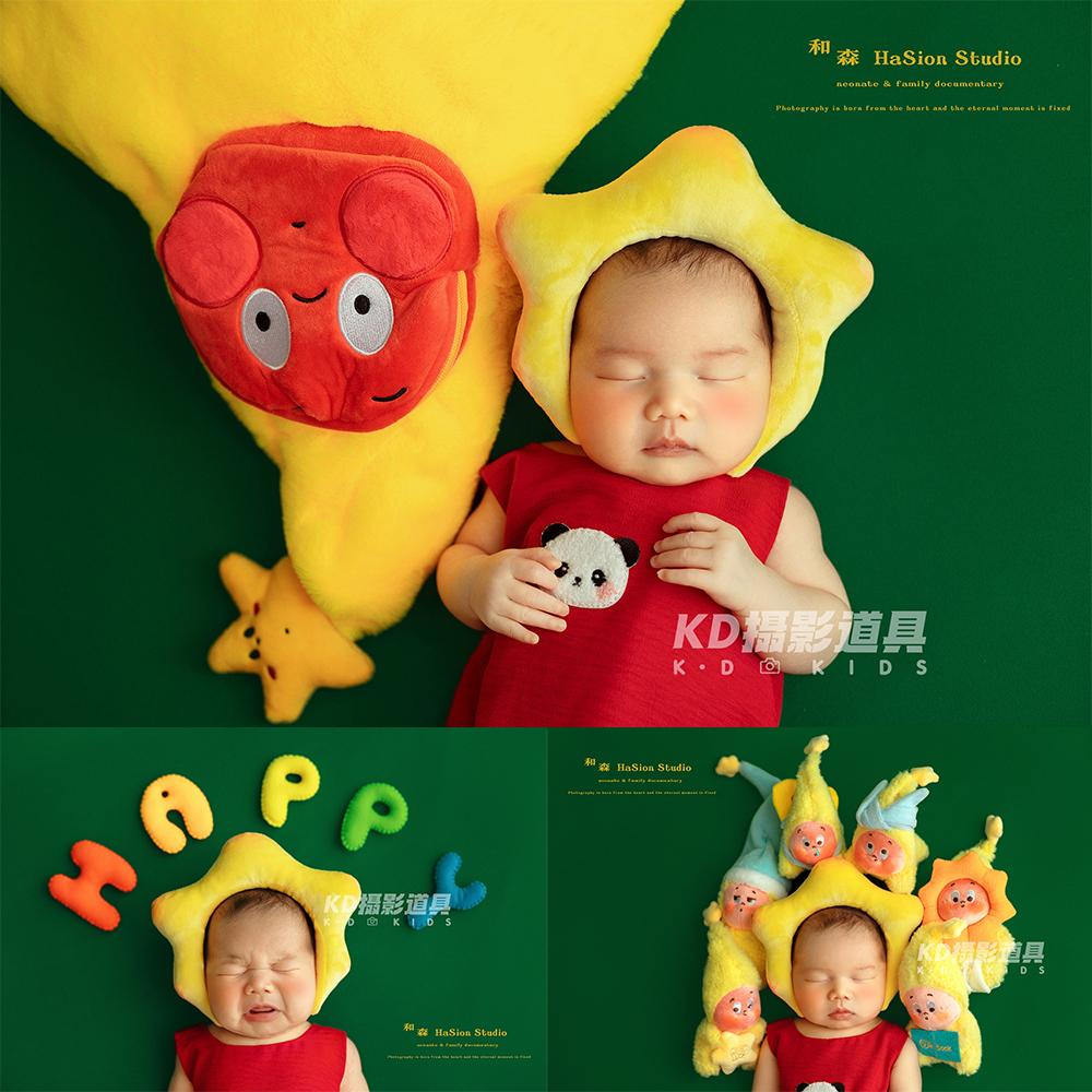 Cute&Fun Newborn Photography Theme Props Red Baby Jumpsuit Star Headband Plush Dolls Photo Studio Scenes Shooting Accessories
