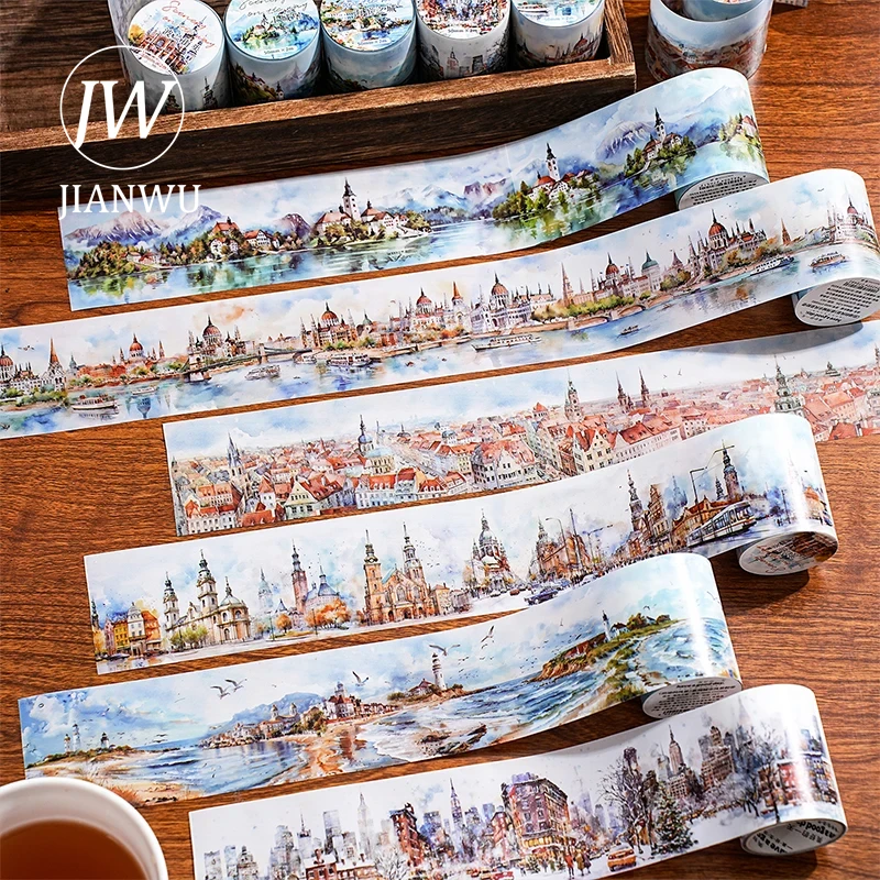 JIANWU 50mm*200cm Scenery Along The Way Series Vintage Castle Landscape Material Collage PET Tape Creative Journal Stationery
