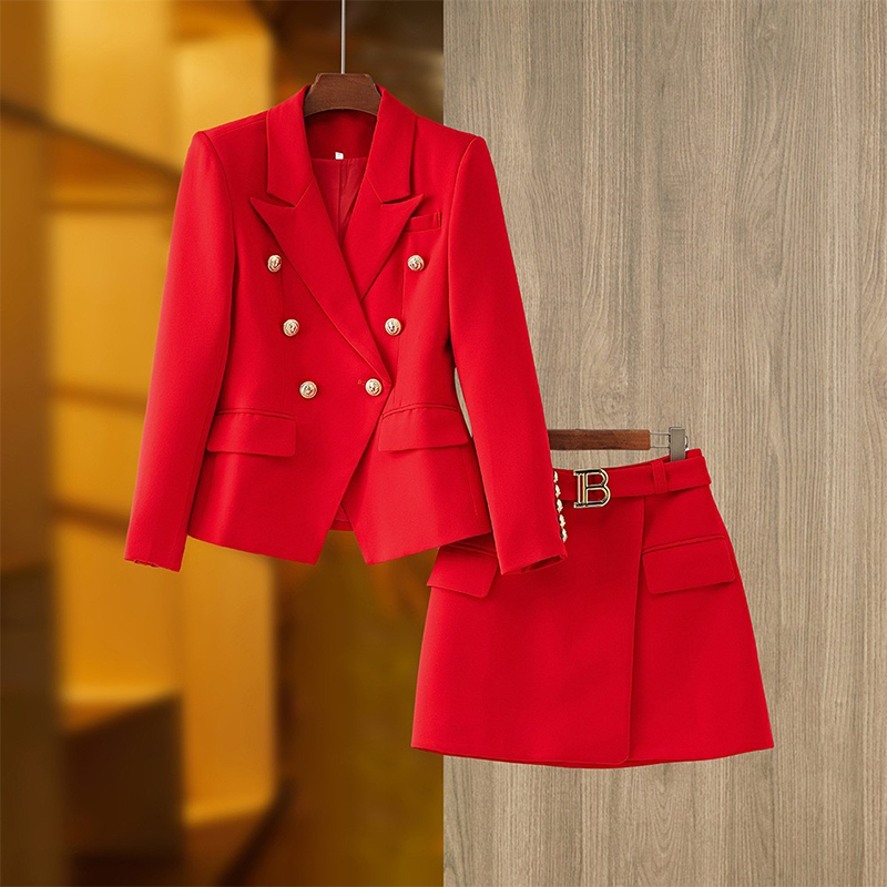 Elegant Luxury Senior Lady Suit Blazer 2PCS Sets Red Mini Skirt Star Same Style With B Button Wear Women Luxury Work Suit 여성고급정장