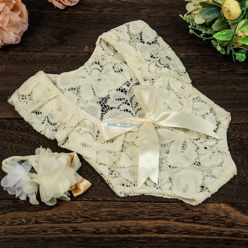 24BE Baby Bow Lace Romper Headband Set Newborn Photography Props Bodysuit Jumpsuit with Flower Hair Band Costume