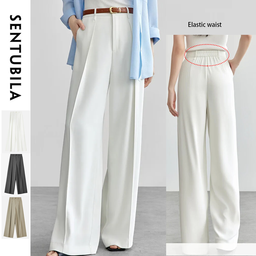 SENTUBILA Women&#039;s Tailored Trousers Formal Solid High-waist Folds Twill Workwear Pockets Full-length Pants 2025 Spring 151K57704