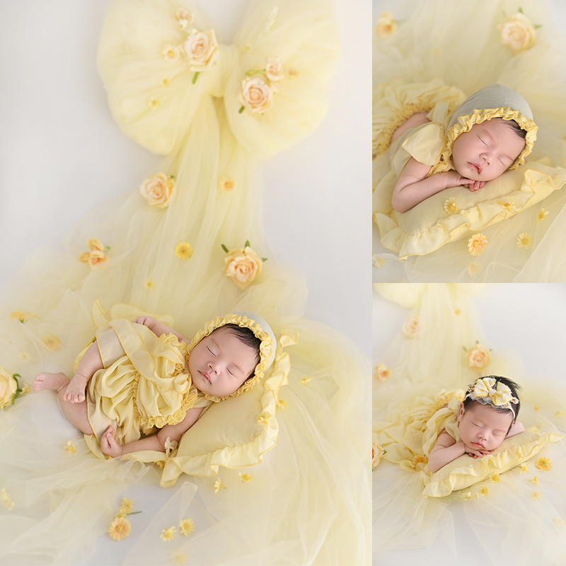 Newborn Pillow Photography Props Lovely Girl Headband+Clothes++Pillow 3pcs/Set Baby Photo Bow Mesh Yarn Background Accessories