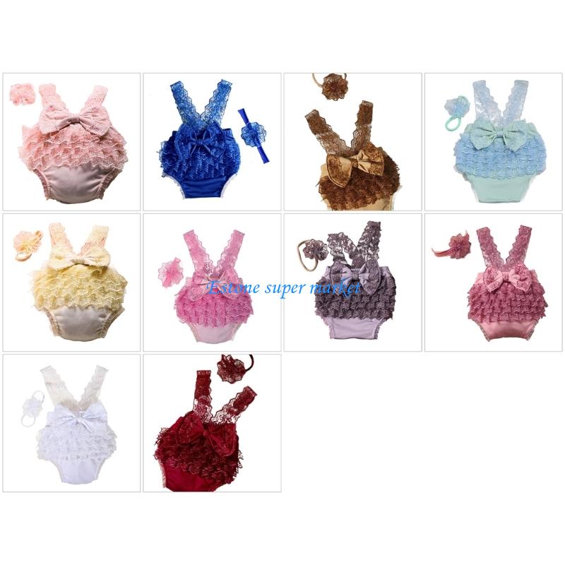 090B Infant Photo Lace Dress Headband Matching Set Breathable Polyester Newborns Photography Costume