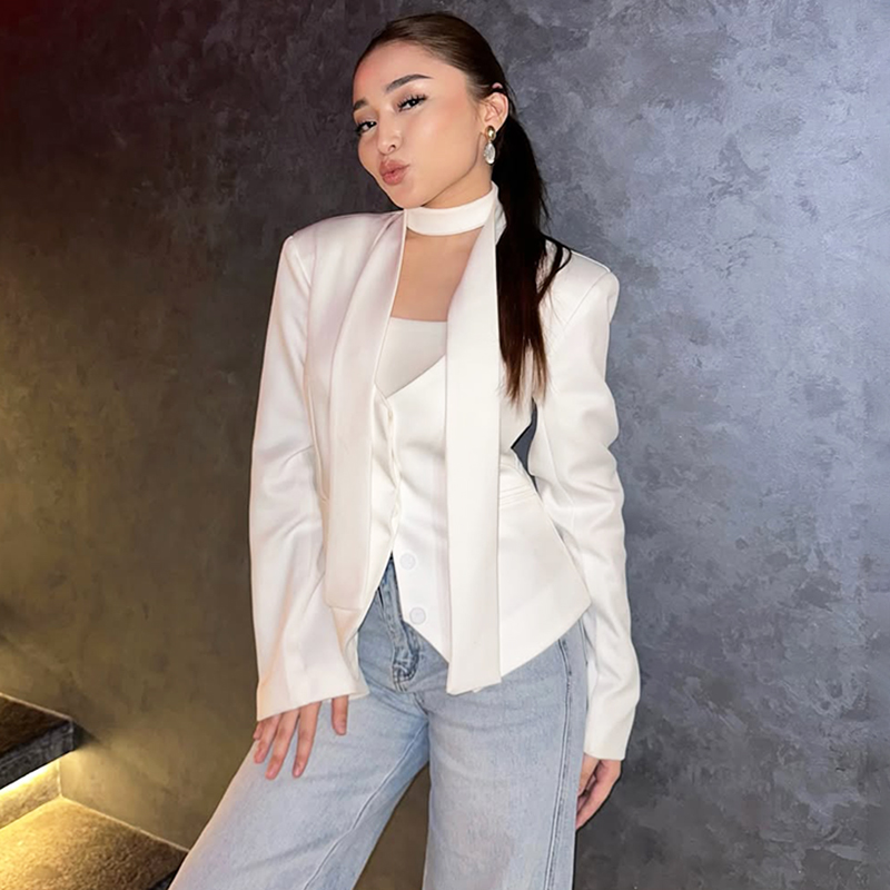 Tornova V-neck Ribbon Blazer Coat For Women Striped Print Long Sleeve Buttons Office Lady Top Elegant Female Slim Outwear Autumn