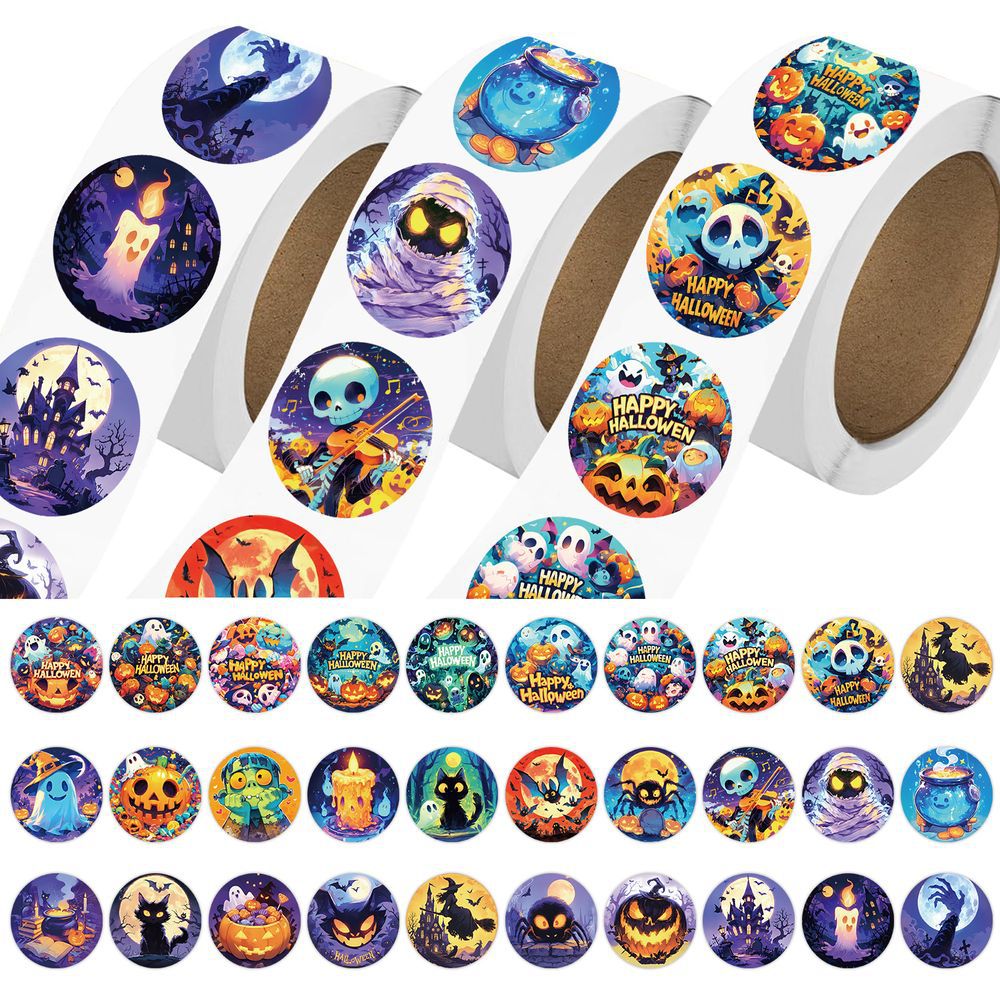 500pcs/Roll Halloween Decoration Stickers Skull Pumpkin Witch Cartoon Sealing Label Children Party Favor Kid Reward Sticker Gift