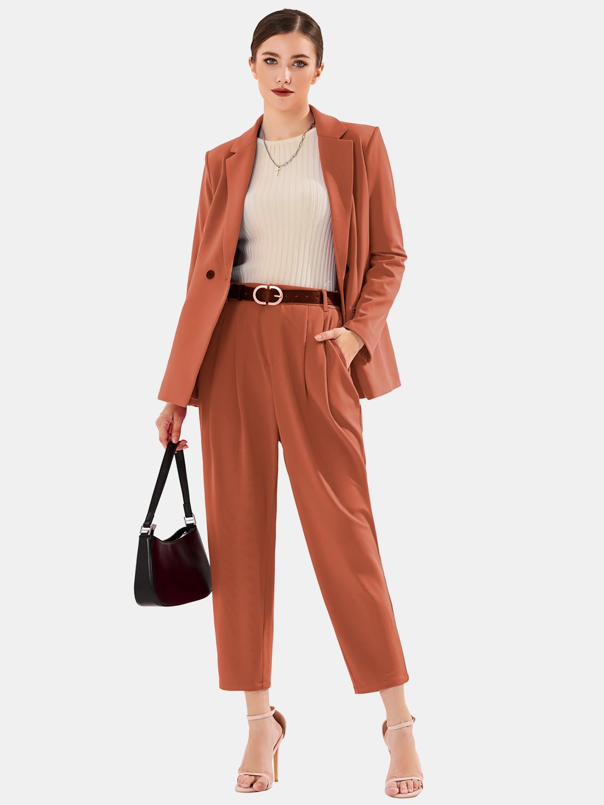 Women Pants Suits 2 Piece Suit Women&#039;s Business Blazer and High Elastic Waist Pantsuit Set Loose Fit Casual
