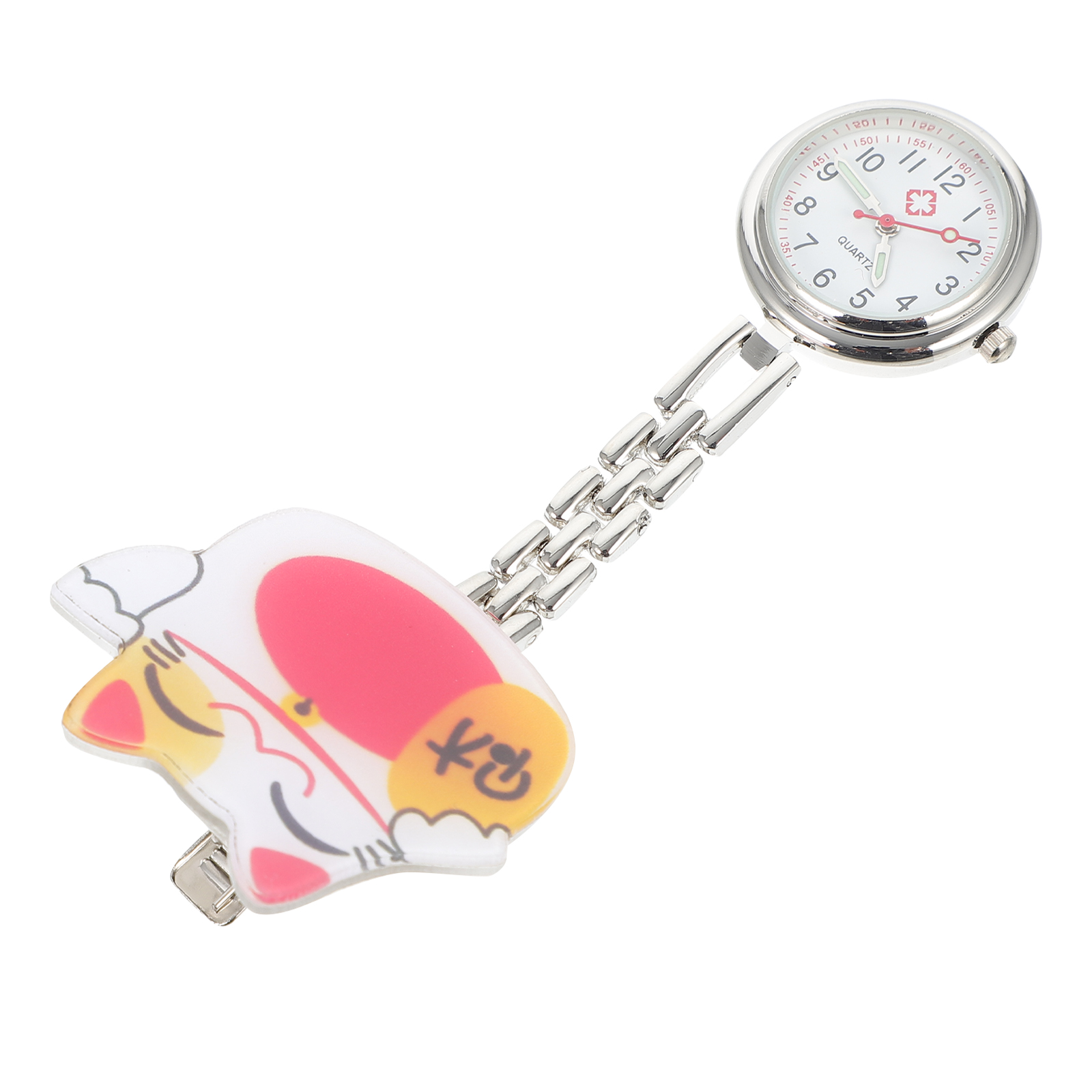 1 Set Cartoon Fortune Cat Pocket Watch Nurse Doctor Student Timing Hanging Chest Watch Durable Safe Design For Staff Teacher
