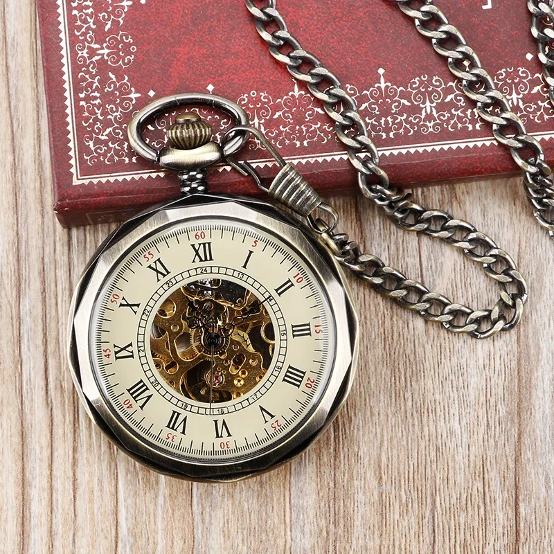 Steampunk Hand Wind Mechanical Pocket Watch Bronze Open Face Fob Clock for Men Women with Pendant Necklace Chain Watches