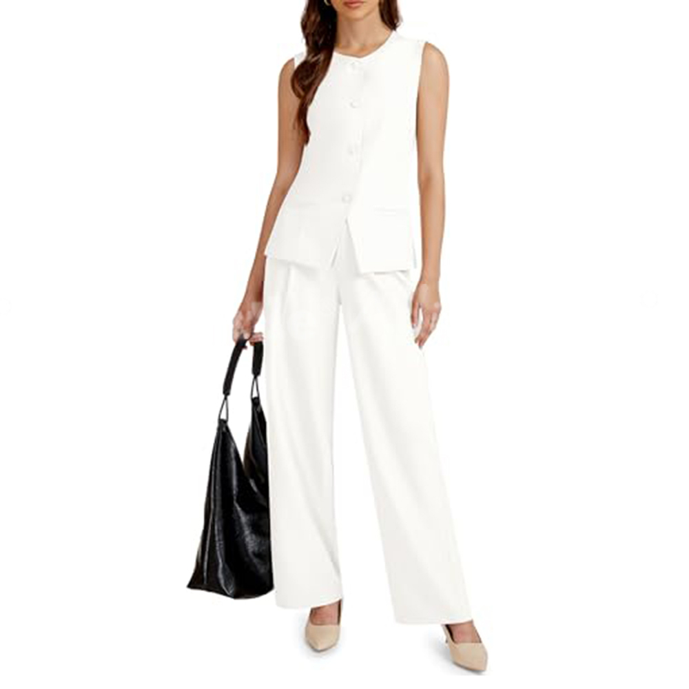 2 Piece Outfits for Women Business Casual Single Button Blazer Jacket and Wide Leg Pants