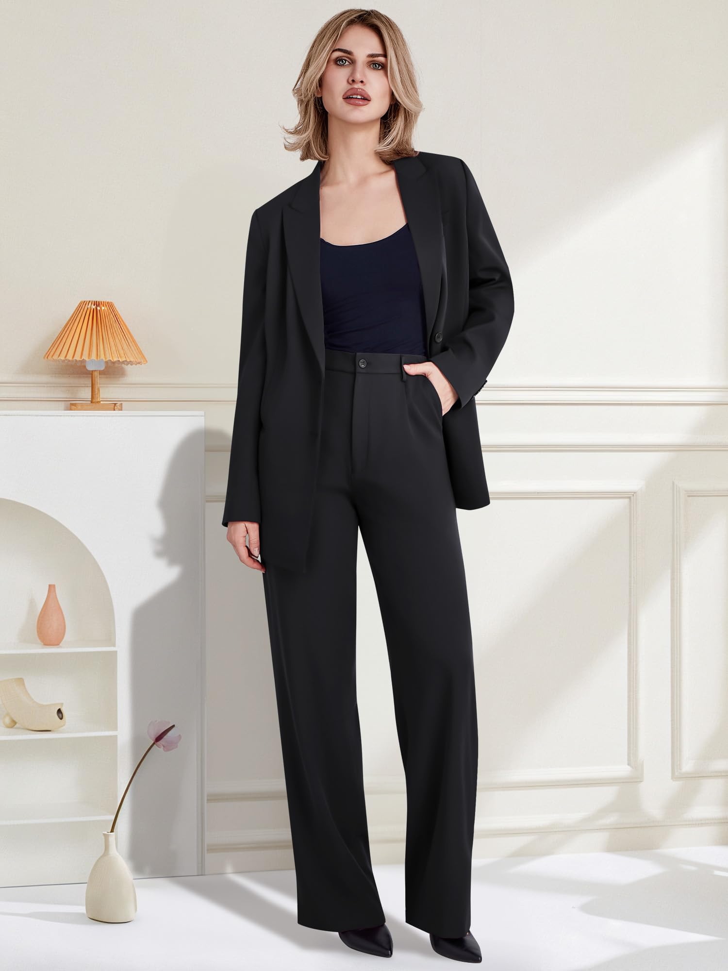 Women&#039;s 2 Piece Suit Two Button Business Casual Office Work Outfits Dressy Blazer Wide Leg Pants Set