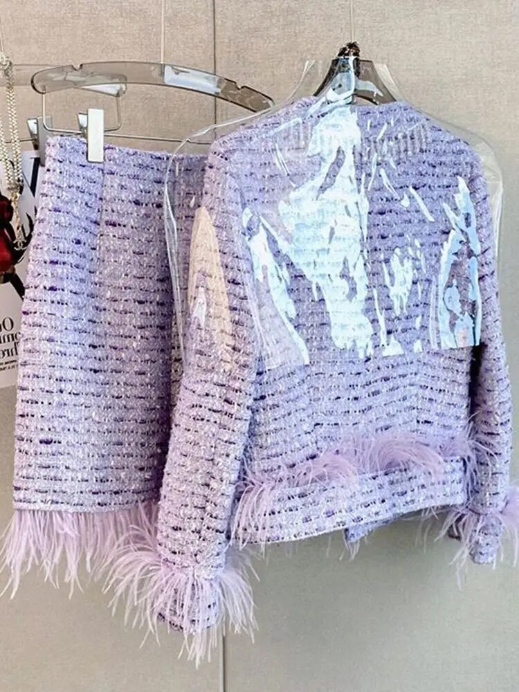 Vintage Elegant Violets Tweed Women Set New Single-breasted Feather Beaded Tassel Jacket  + High Waist Shorts Suit Fashion Party