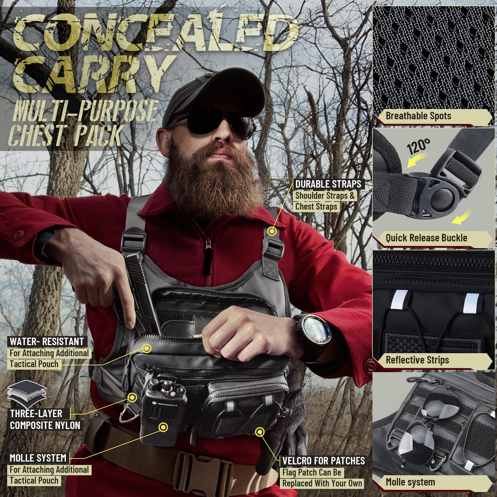 Sports Tactical Vest Chest Bag Outdoor Running Cycling EDC Chest Pack Adjustable Wiht Holster Chest Pack Rig for Men Women