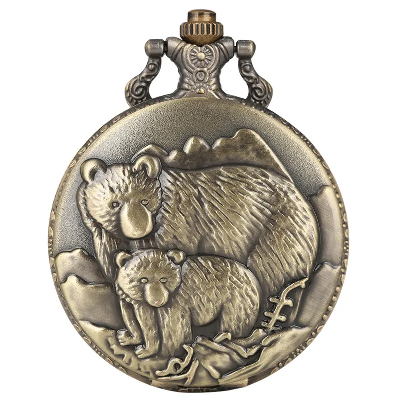 Antique Style Polar Bear Design Full Hunter Quartz Pocket Watch for Men Women Arabic Number Display Necklace Pendant Chain