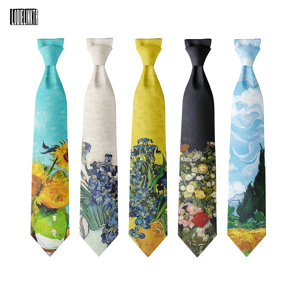 Flower Oil Painting Van Gogh Tie For Adult 8cm Wide Polyester Slim Shirt Suits Party Accessories Retro Art Personality Necktie