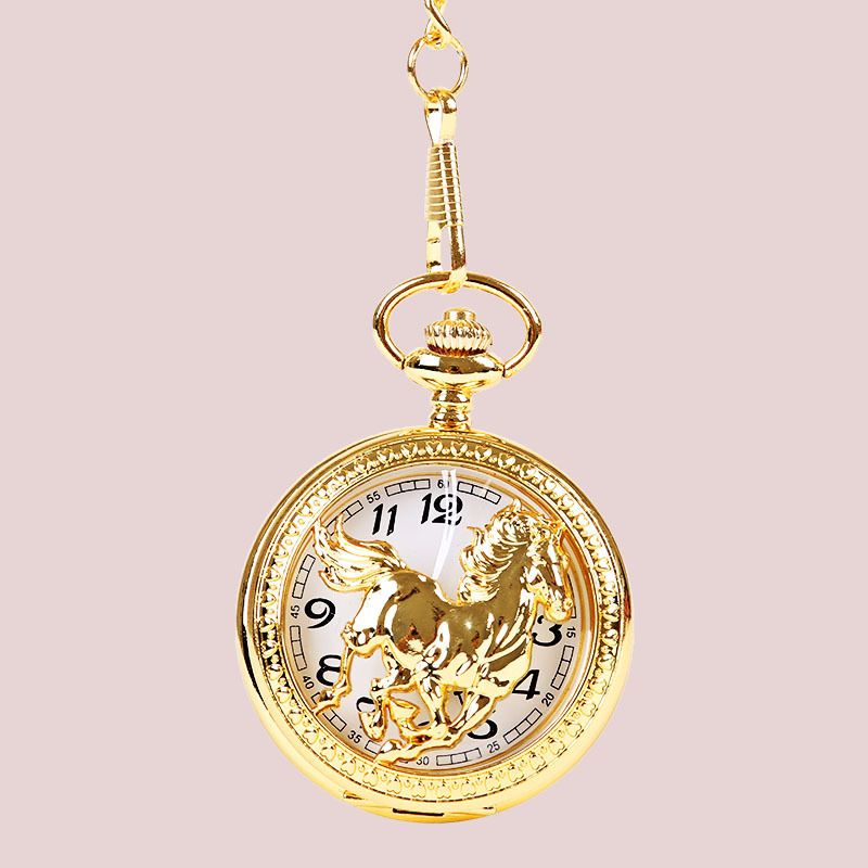 1042Three-dimensional Pattern Perspective Luxury Glossy Gold And Silver Horse  Pocket Watch With Chain Accessories Pocket Watch
