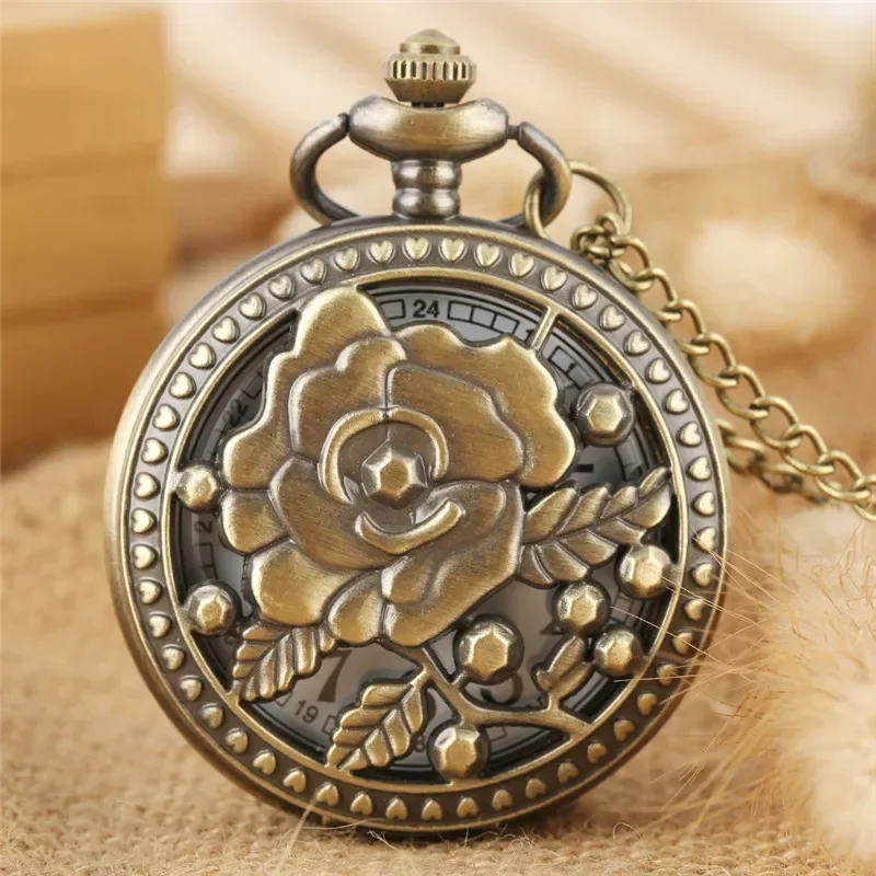 Antique Hollow-Out Flower Cover Arabic Number Quartz Analog Pocket Watch for Men Women with Sweater Necklace Chain Timepiece