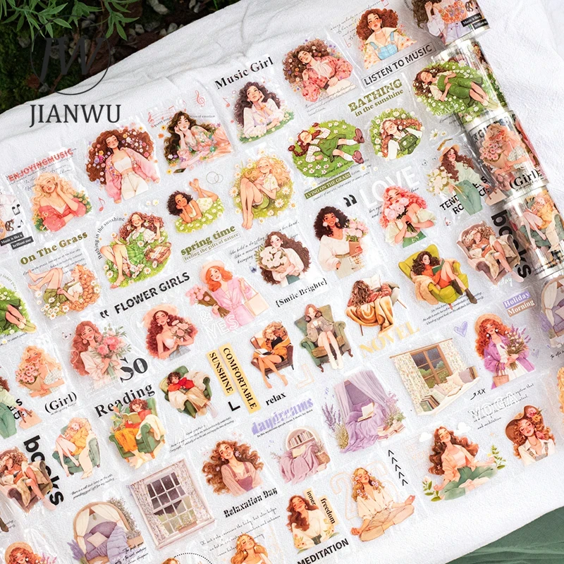 JIANWU 60mm*200cm Relaxation Day Series Vintage Character Flower Landscape Material Collage PET Tape Creative Journal Stationery