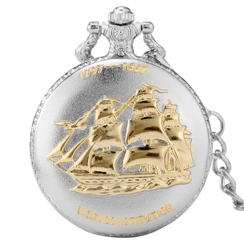 Silver Sailing Canvas Boat 1797-1997 Design Pendant Quartz Pocket Watch for Men Women with Fob Chain Collectable Clock Gift