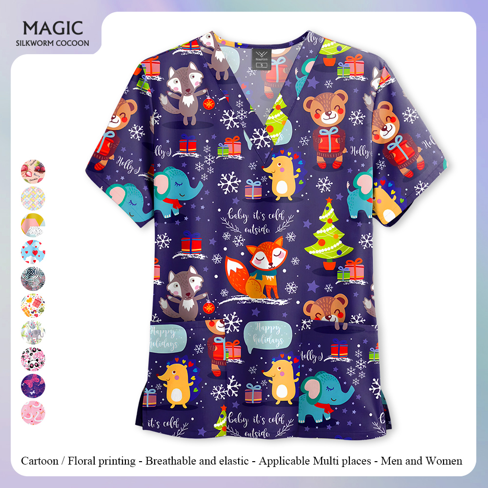 Print Pet Grooming Nurse Scrubs Top Women with Pockets V-Neck Scrub Uniforms Spa Caring Shirt Uniformes De Enfermería Para Mujer