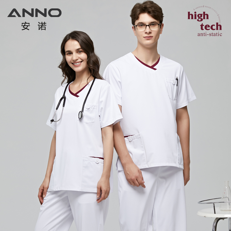 ANNO White Scrubs Set Anti-Static Professional Medical Clothes Nurse Staff Uniforms with 1% Conductive Wire Hospital Work Suit