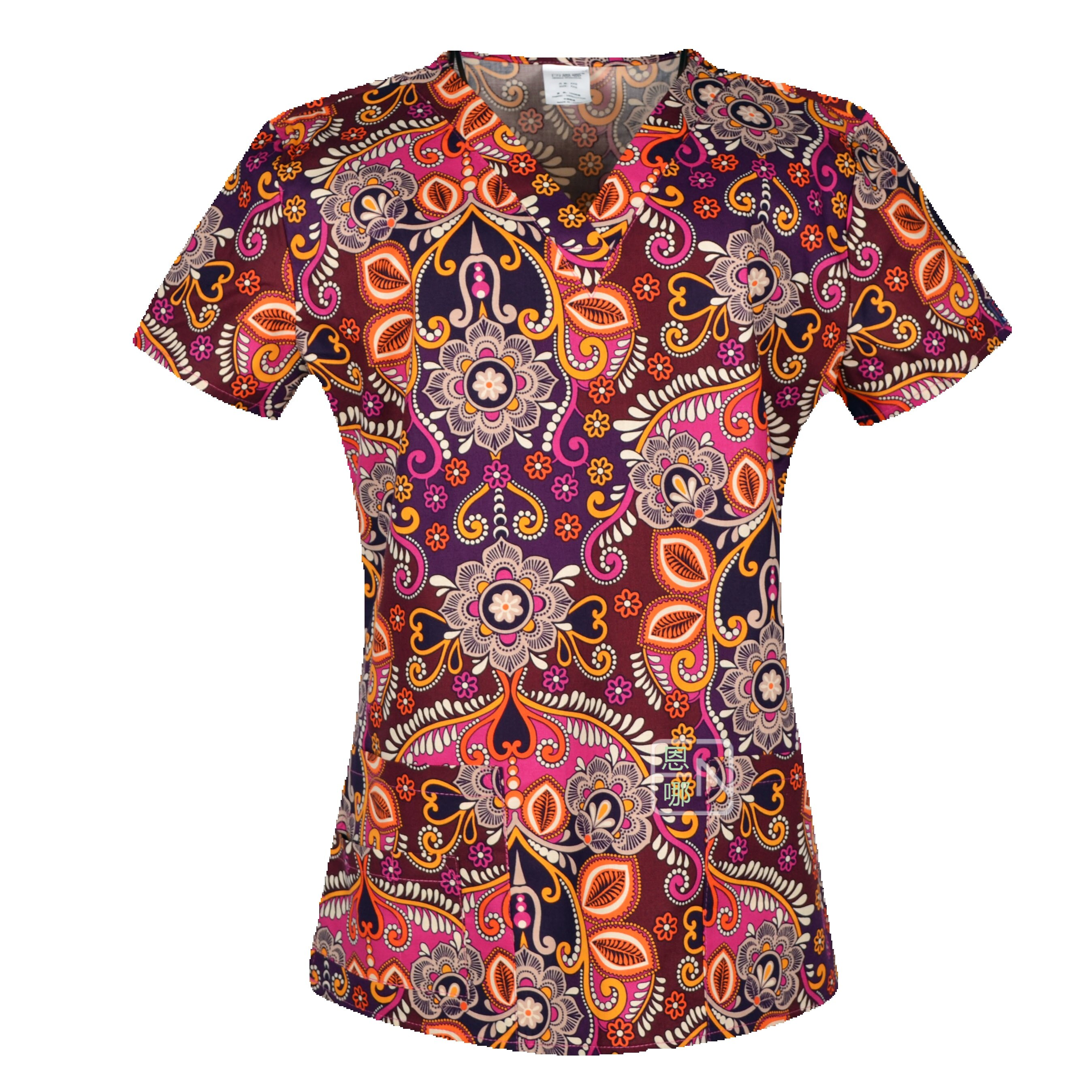 Hennar Women Scrub Top 100% Print Cotton  Uniforms V-Neck Short Sleeve XXS-3XL Hospital Clinical scrubScrubs Top