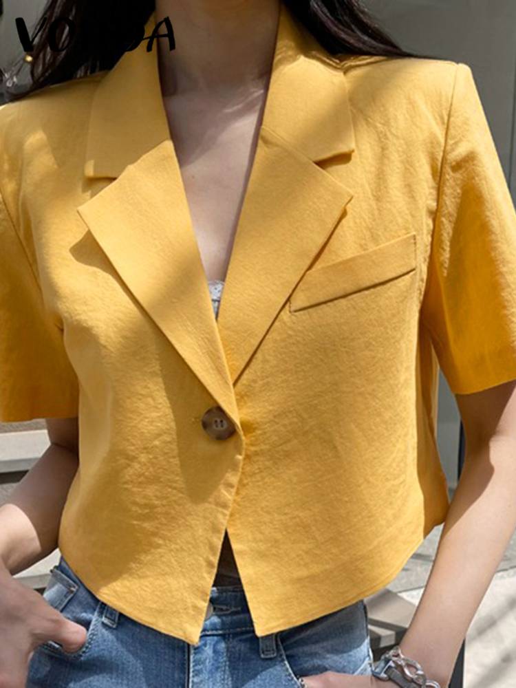 VONDA Elegant Women Blazer Short Sleeve Suit Collar Coat 2024 Fashion Summer Outwear Solid Color Casual Slim Button Tunic Tops