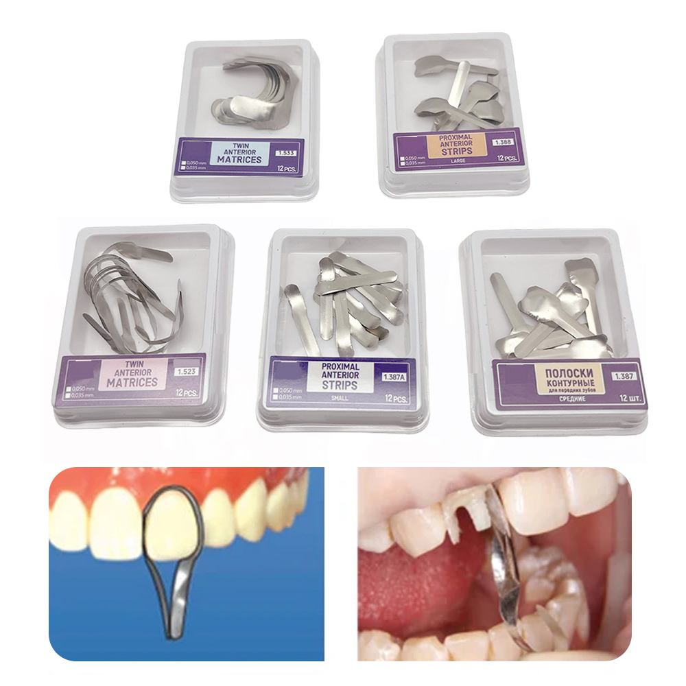 12Pcs Stainless Steel Dental Matrix Bands Twin Anterior Matrices Proximal Strips for Tooth Restoration and Cavity Preparation
