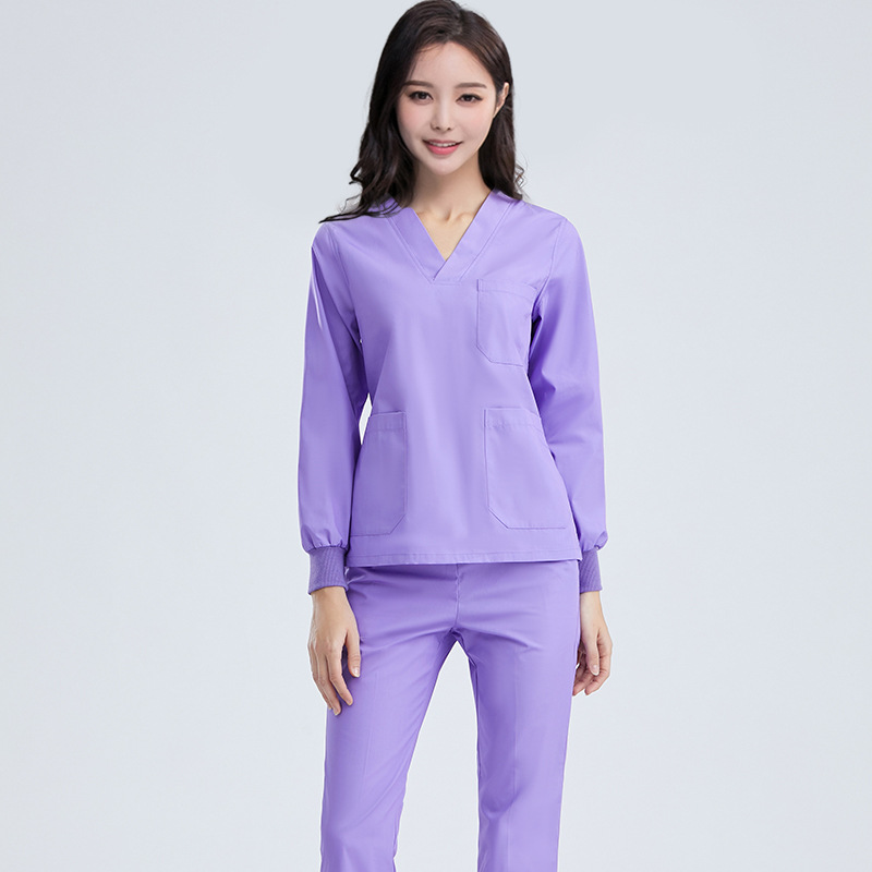 New Style Long Sleeves Scrub Set Nurse Workwear Scrubs Nursing Uniforms V Neck Women Men Solid Color Doctor Working Suit Cheap