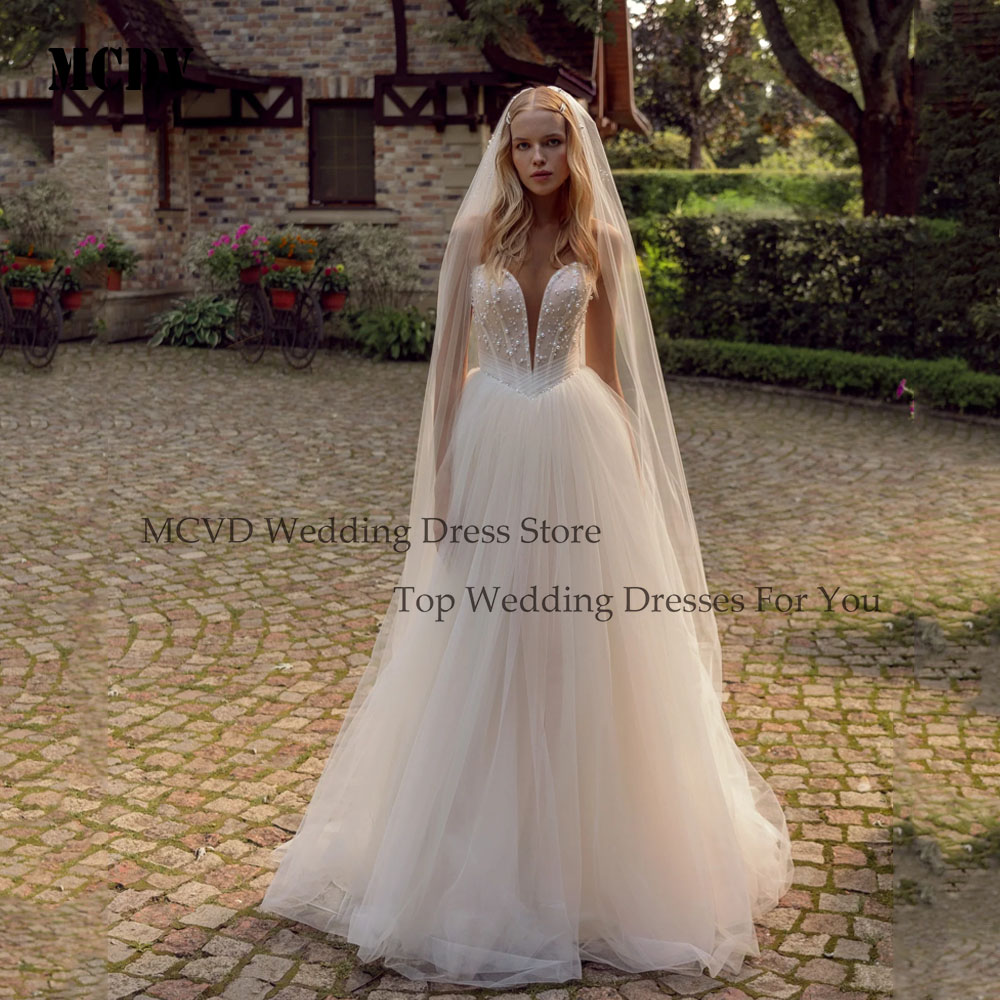MCDV Customized Elegant Beaded Lace Wedding Dress Strapless Lace Up A-Line vestidos de novia	Sweep Train Bride Gowns Sleeveless
