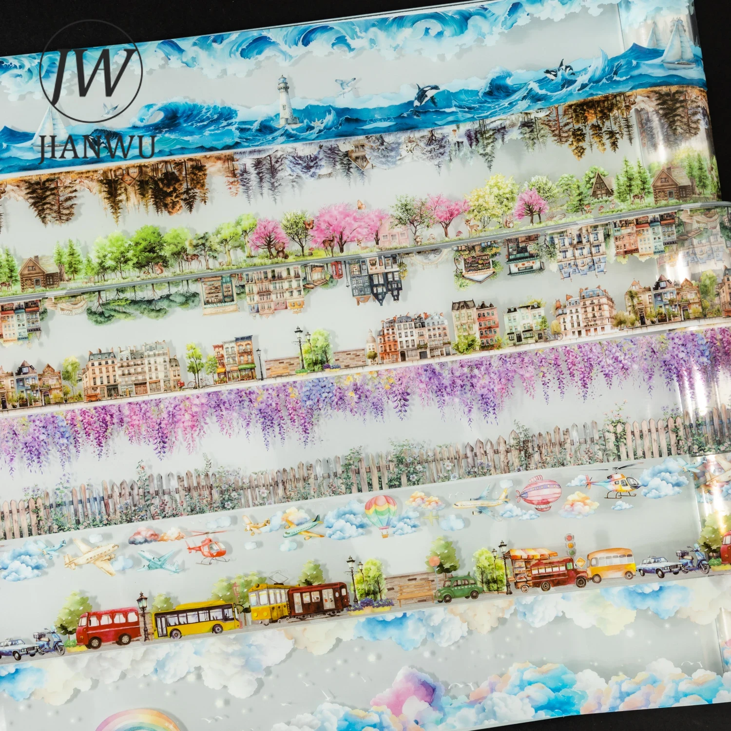 JIANWU 65mm*200cm Oarallel Scenery Series Vintage Flower Cloud Landscape Material Collage PET Tape Creative Journal Stationery