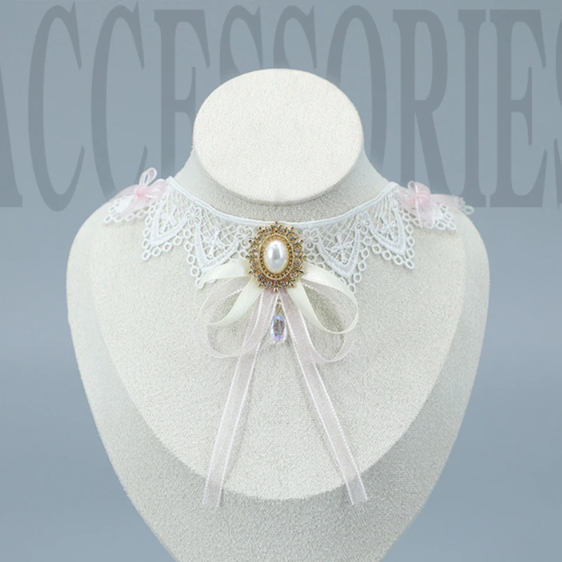 Lolita Collar Flower Bow Necklace Vintage Court Style Clothing Accessories Korean Fashion Sweet Girl Lace Bow Tie Gift for Women
