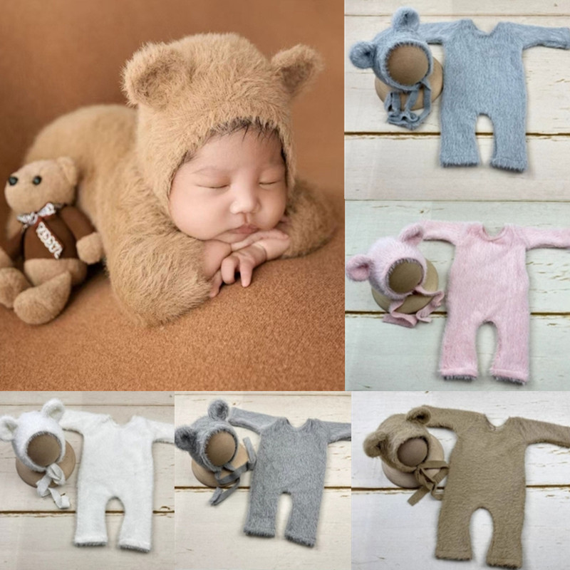 Thicken Plush Baby Romper Cute Bear Ear Hat Outfit For 0-2 Months Newborn Photography Props Costumes Baby Photoshoot Clothes