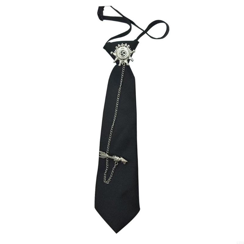 L5YA Punk Aesthetic Adjustable Necktie For Daily Wear And Anime Outfits Student Uniform Pre Tied Black Neck Tie with Chain