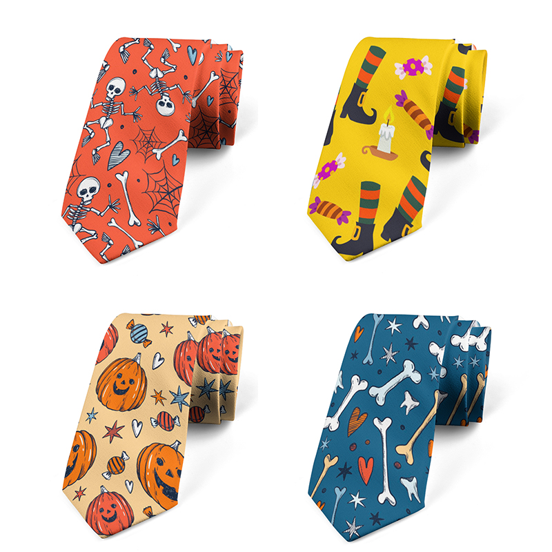 New Design Polyester Tie Unisex Fashion Skull Print 8CM Men&#039;s Formal Tie Creative Halloween Funny Pumpkin Casual Party Tie Gifts
