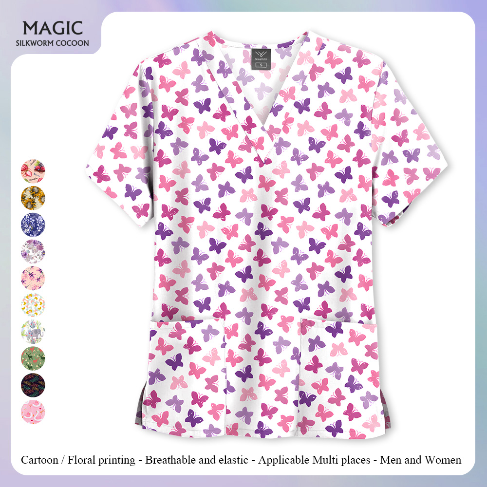 Butterfly Print Nurse Uniform Women Short Sleeved V-neck Surgery Tops Healthcare Pockets Blouse Overalls Female Uniforme Clinico