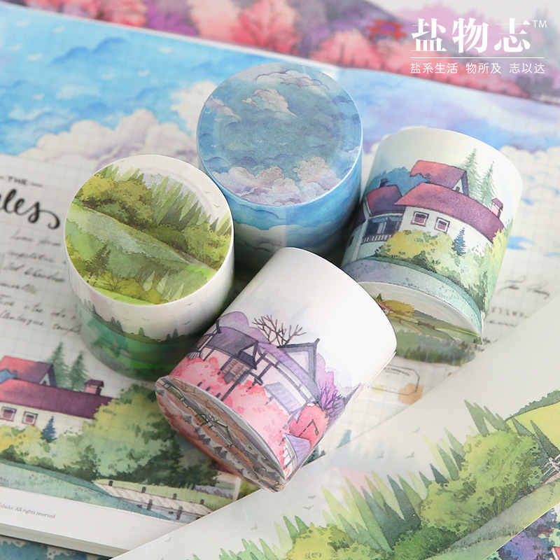 japanese stationery outdoor nature green trees healing system rural field landscaping washi tape sky cloud hand tent tape