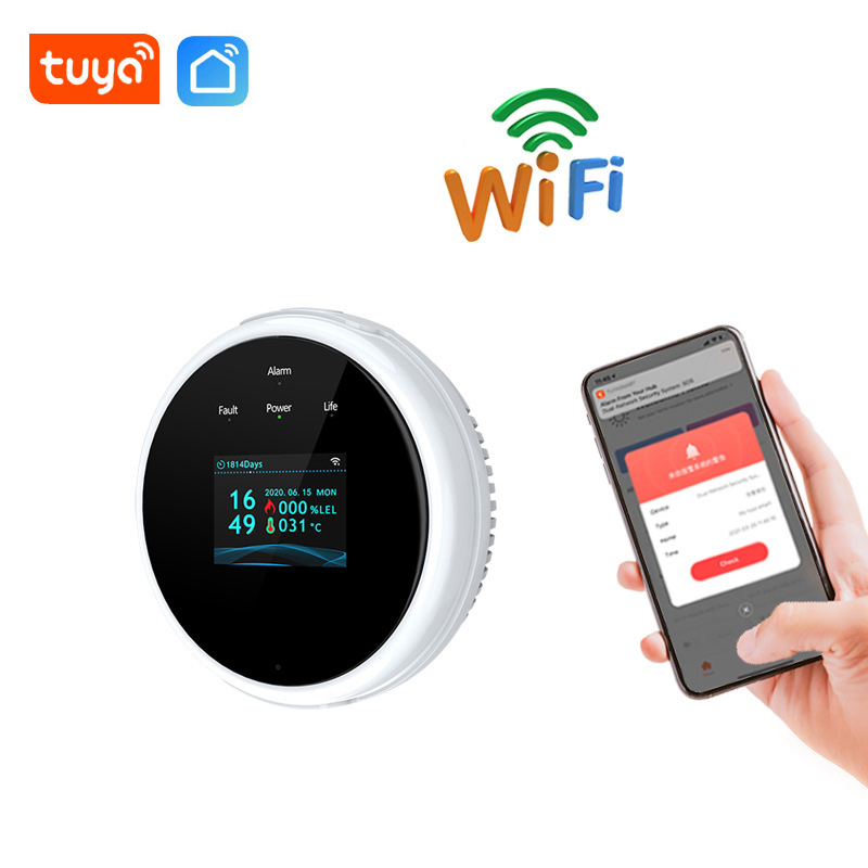 Kitchen Tuya Wifi Natural Gas Leak Sensor Household Intelligent LPG Detector Temperature App Alarm Reminder LCD Clock Display