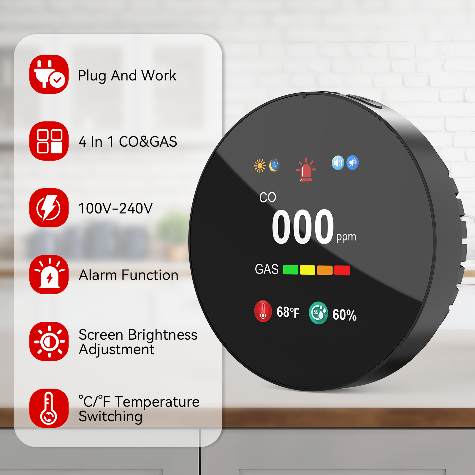 CHZHVAN Combination Carbon Monoxide Detector &amp; Gas 4-in-1 Natural Gas&amp;CO Alarm with Temperature&amp;Humidity for Home Security Alarm