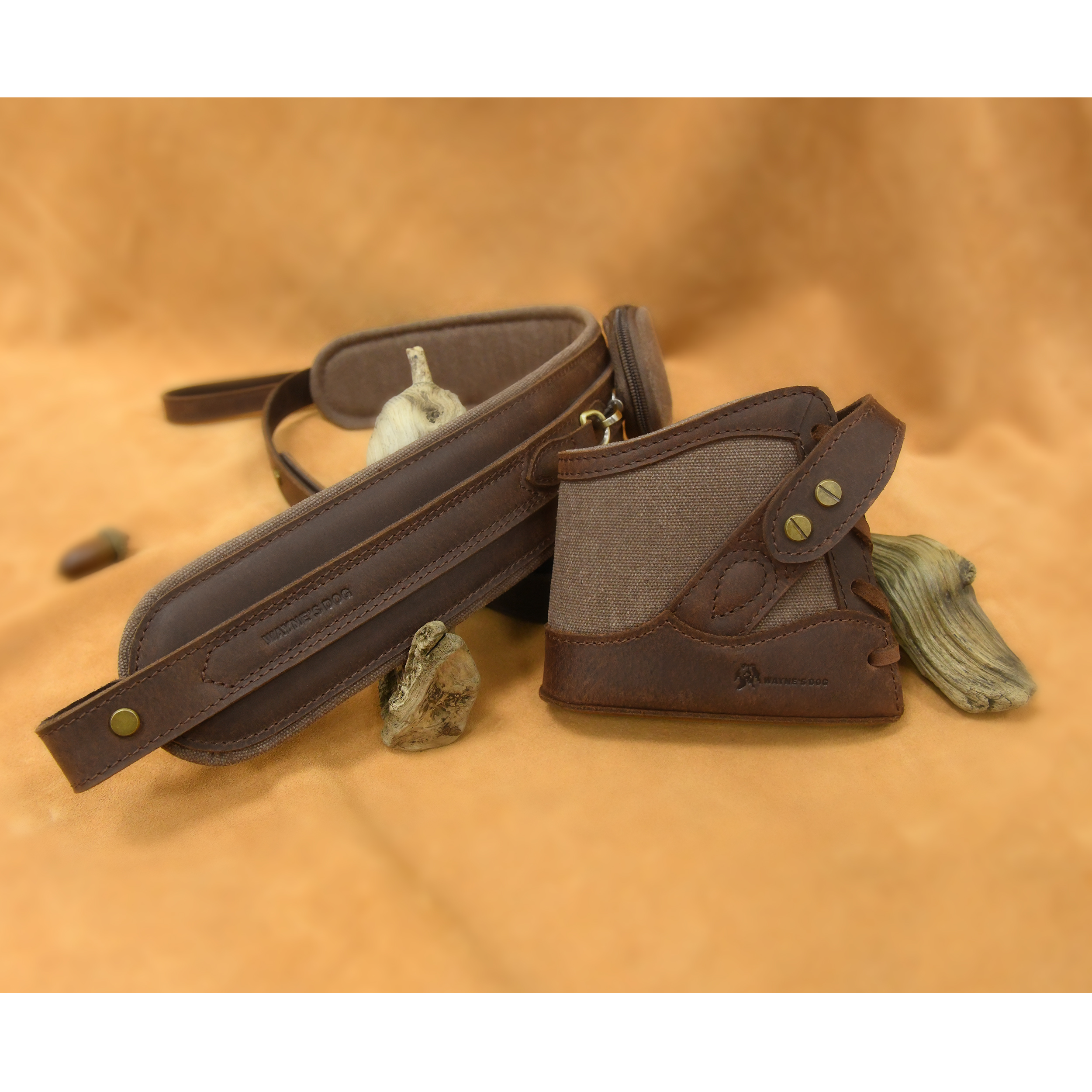 No Drill Combo of Canvas Leather Rifle Gun Recoil Pad Buttstock + Matched Gun Sling Shoulder Strap in BLack Brown Coffee Color