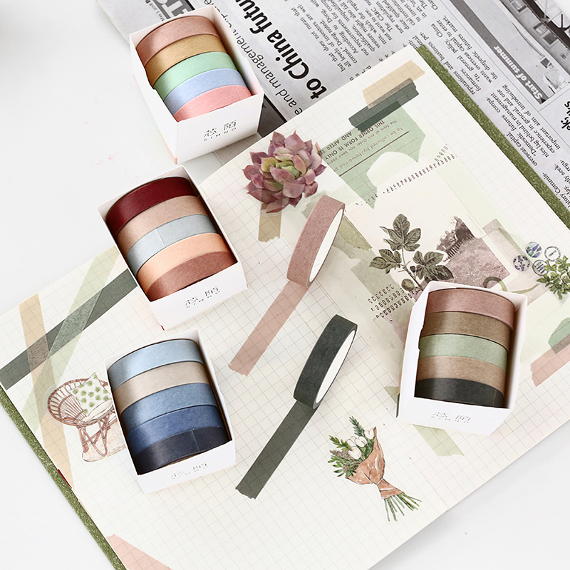 5pcs*5m Solid Color Bullet Journaling Adhesive Tapes Scrapbooking Sticker Masking Tapes Washi Tape Set Stationery Tapes