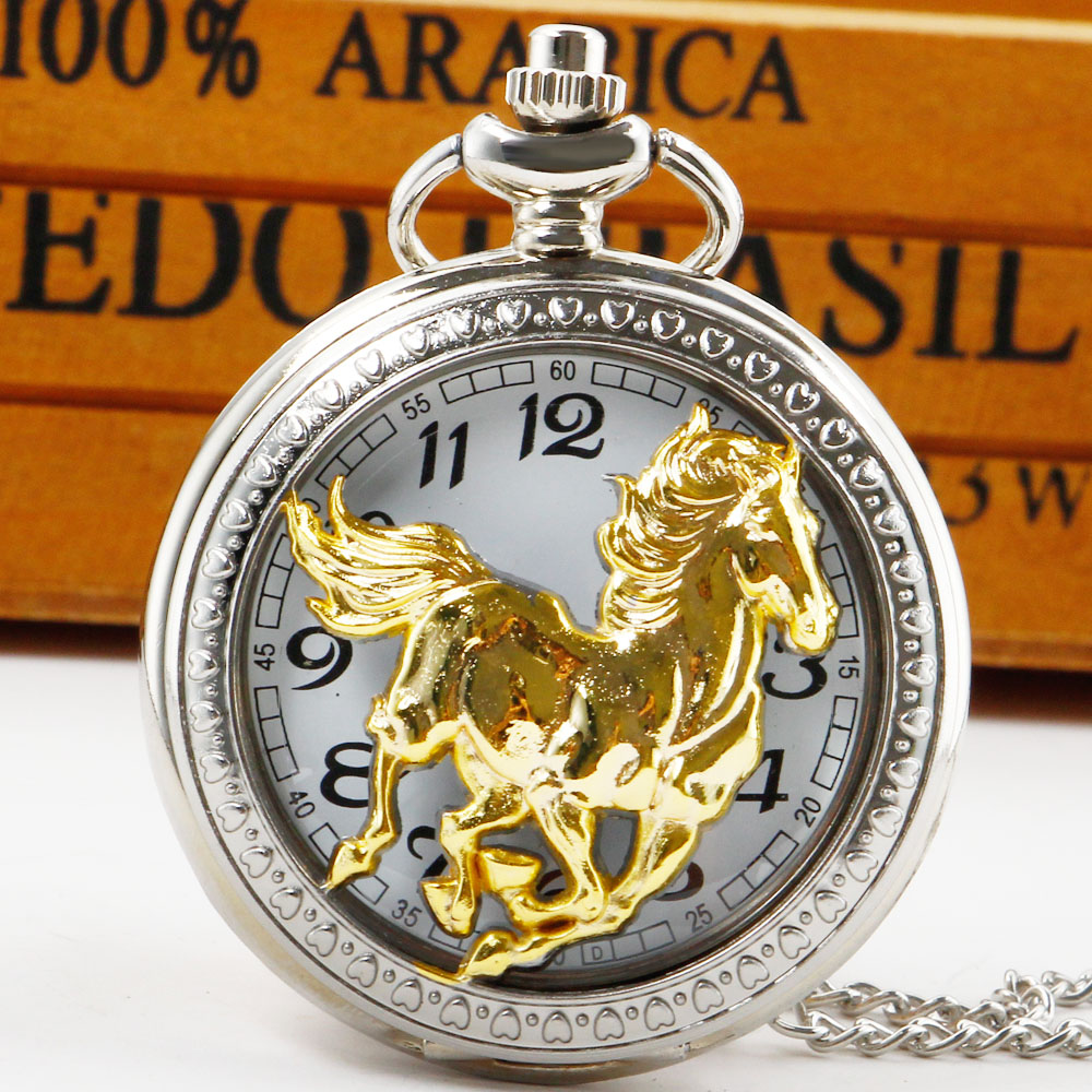 Gold Skeleton Horse Quartz Pocket Watch White Dial Arabic Numerals Necklace Pendant Clock Men Women Unisex Gift Pop Decoration