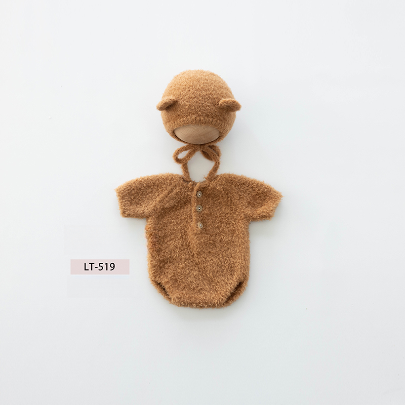 Newborn Photography Props Handmade Knitted Bear Clothes Costume Bodysuit with Hat and Cute Doll Set for Baby Studio Photo Shoot