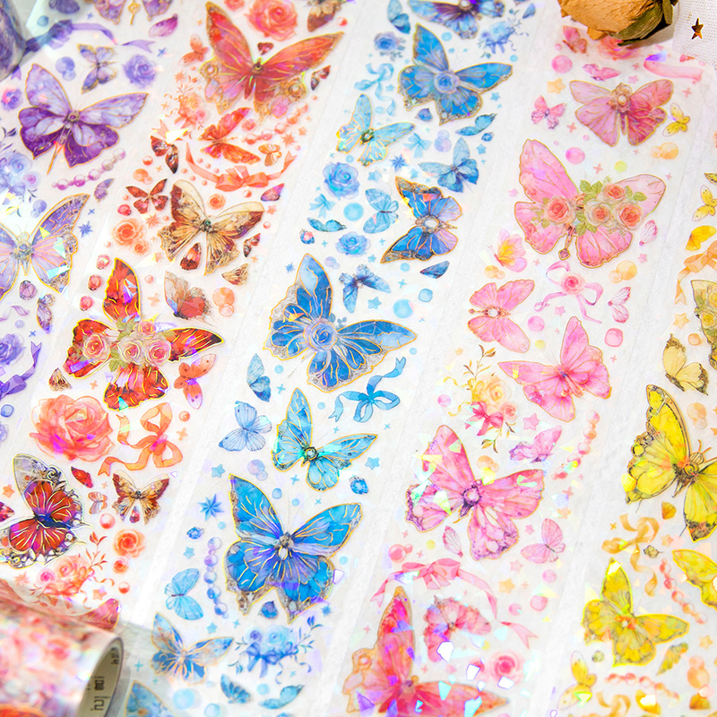 2M 1Roll Tape Butterfly Rose Elegant PET Circulation Gold Adhesives Laser Paste Material Supplies Decorative Scrapbook 60MM