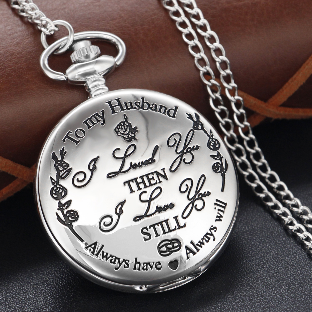 Silver Love My Husband 3D Embossed Quartz Pocket Watch Necklace Pendant Fob Chain Vintage Steam Punk Pocket Watch Christmas Gift
