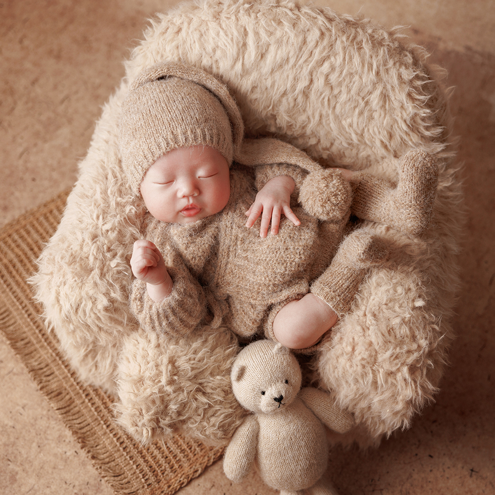 0-1 Month Newborn Photography Props Ins Theme Kintted Outfits with Matching Nightcap and Teddy Bear for Baby Photography Prop