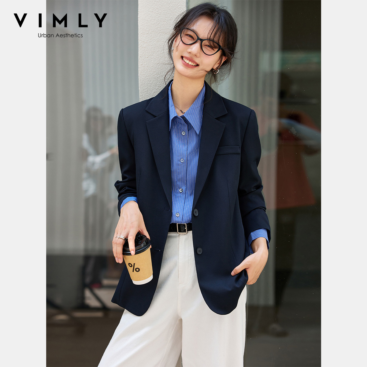 VIMLY Women&#039;s Navy Blue Jackets Autumn 2025 Oversize Elegant Office Wear Blazer Notched Ladies New in Coats and Jackets A2360
