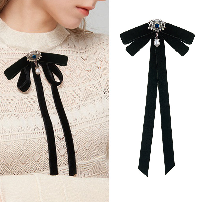 Bow Ties Velvet Crystal Pearl Eyes Shape College Style Uniform Shirts Accessories Brooch Handmade Vintage Women&#039;s Collar Flower